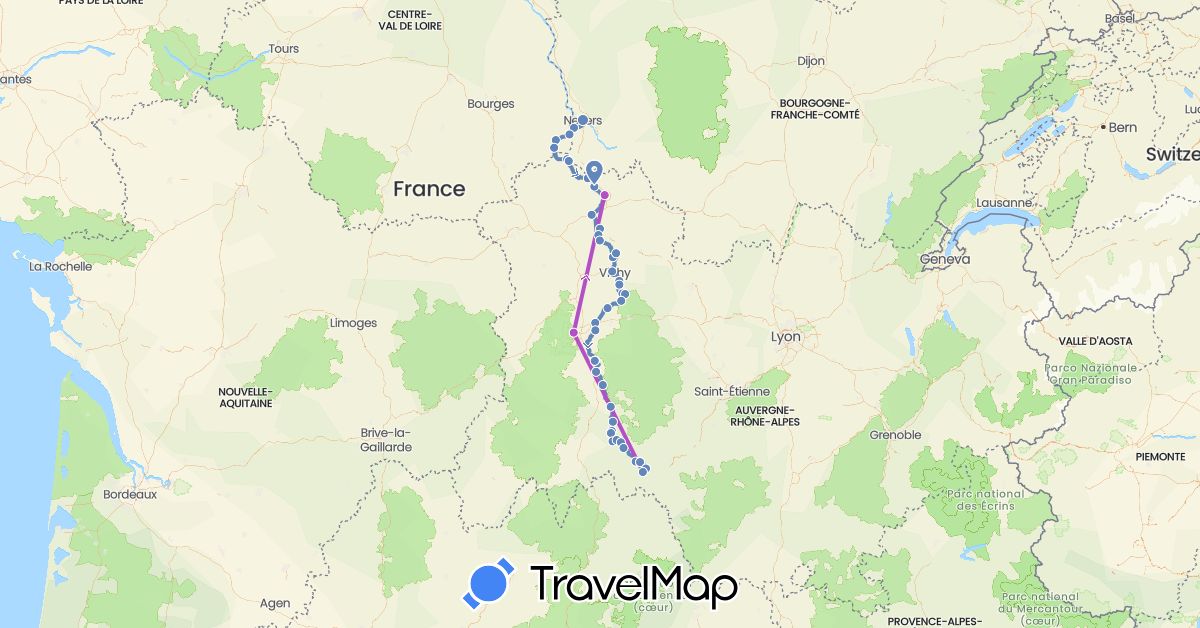 TravelMap itinerary: driving, cycling, train in France (Europe)