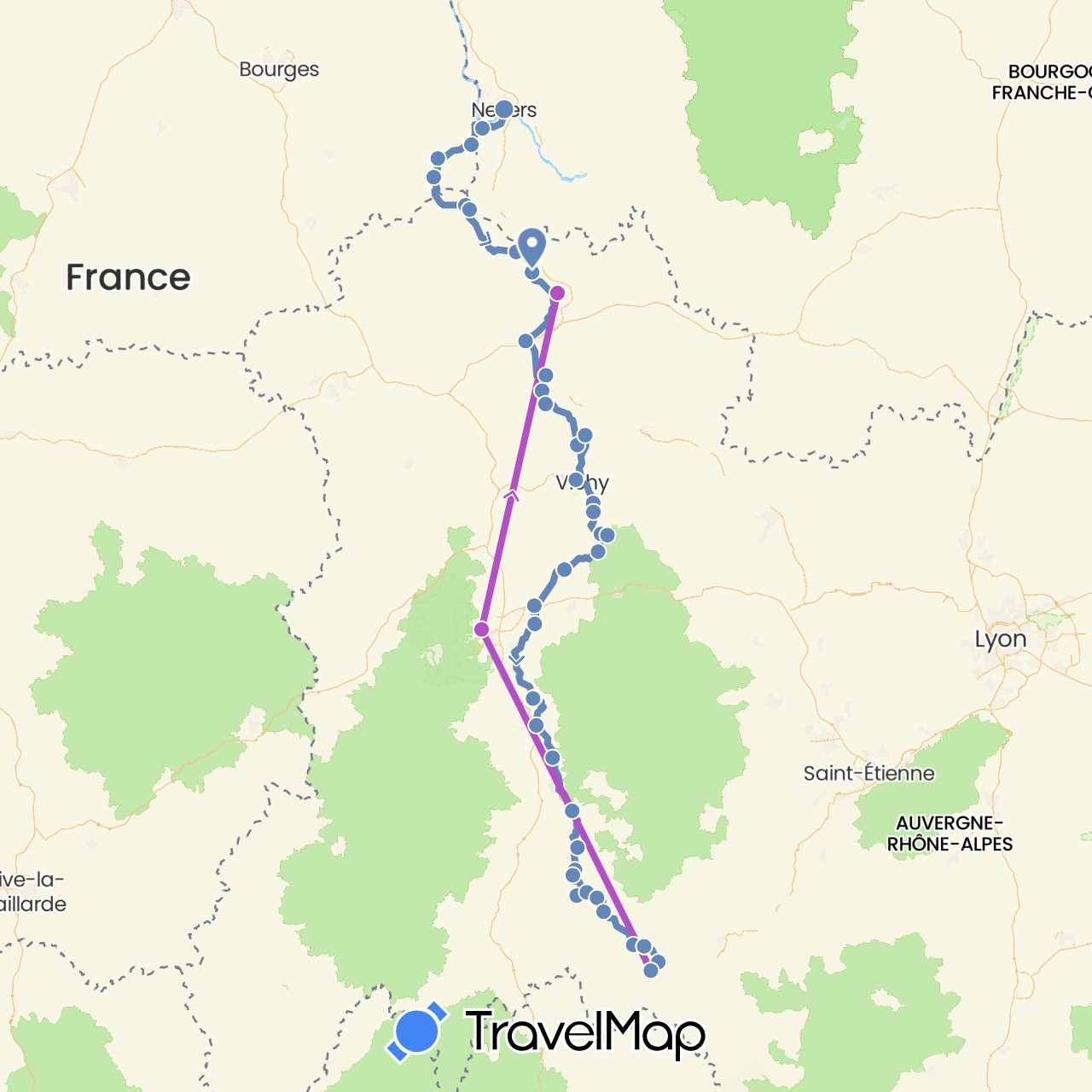 TravelMap itinerary: driving, cycling, train in France (Europe)