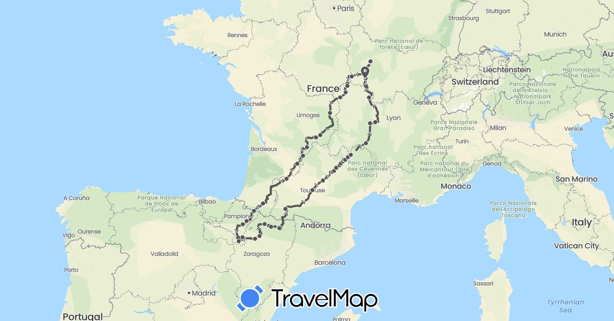 TravelMap itinerary: driving, motorbike in Spain, France (Europe)