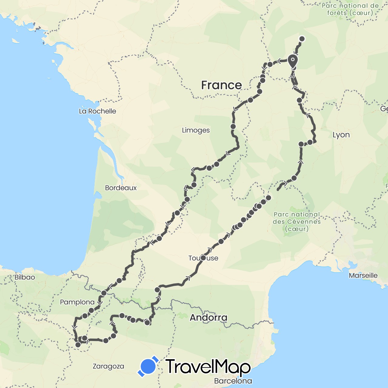 TravelMap itinerary: driving, motorbike in Spain, France (Europe)