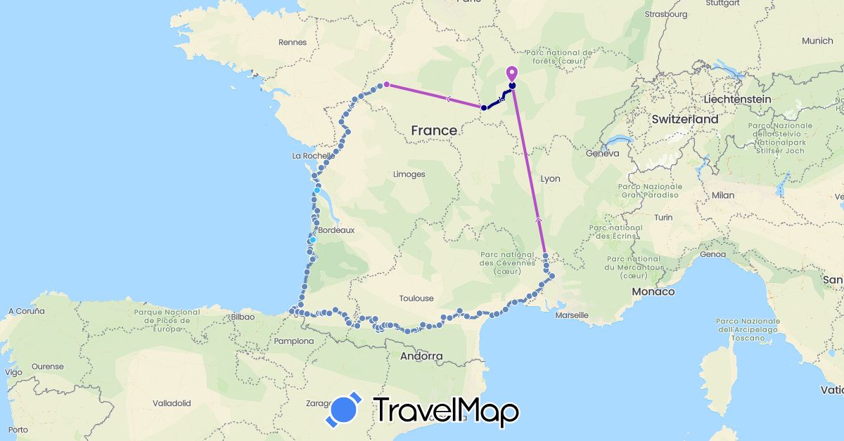 TravelMap itinerary: driving, cycling, train, boat in France (Europe)