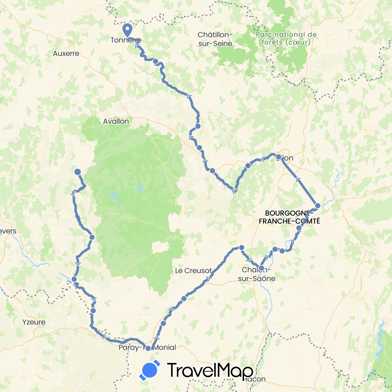 TravelMap itinerary: driving, cycling in France (Europe)