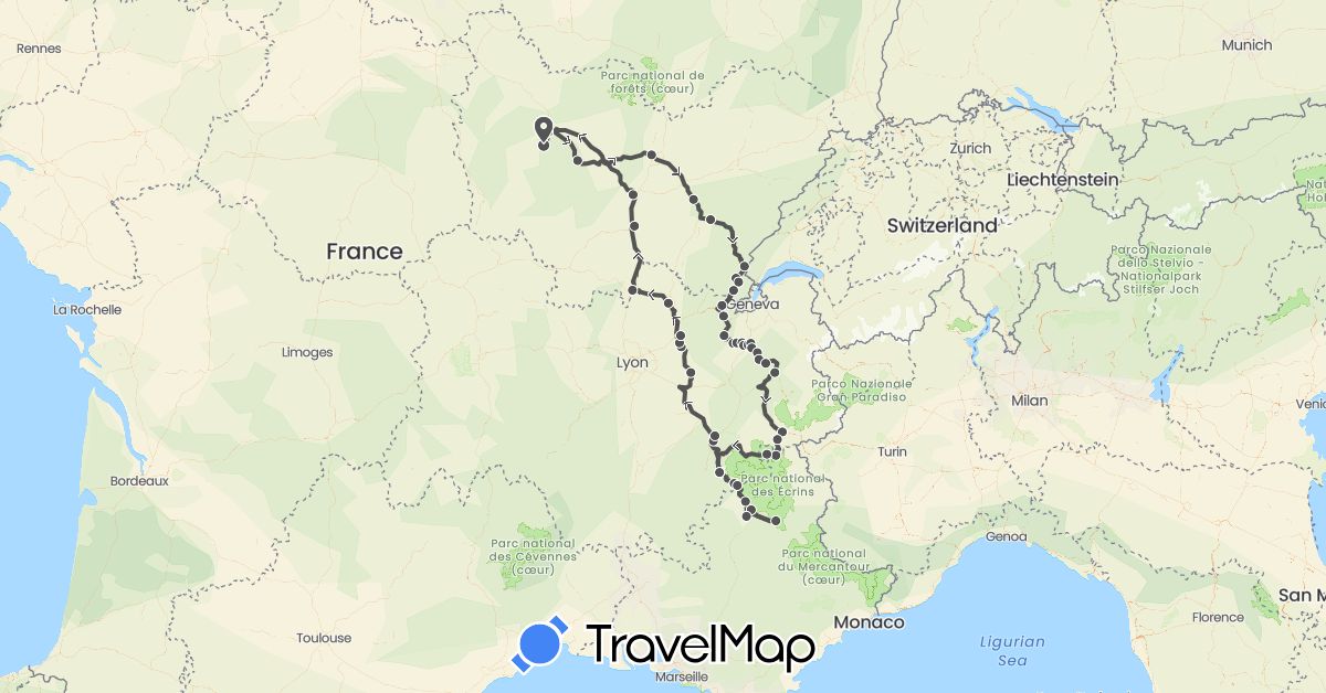 TravelMap itinerary: driving, motorbike in France (Europe)