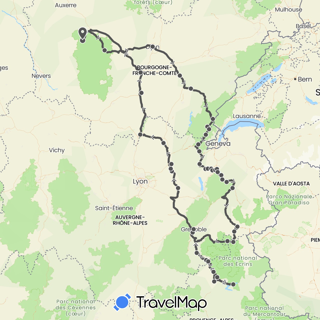 TravelMap itinerary: driving, motorbike in France (Europe)
